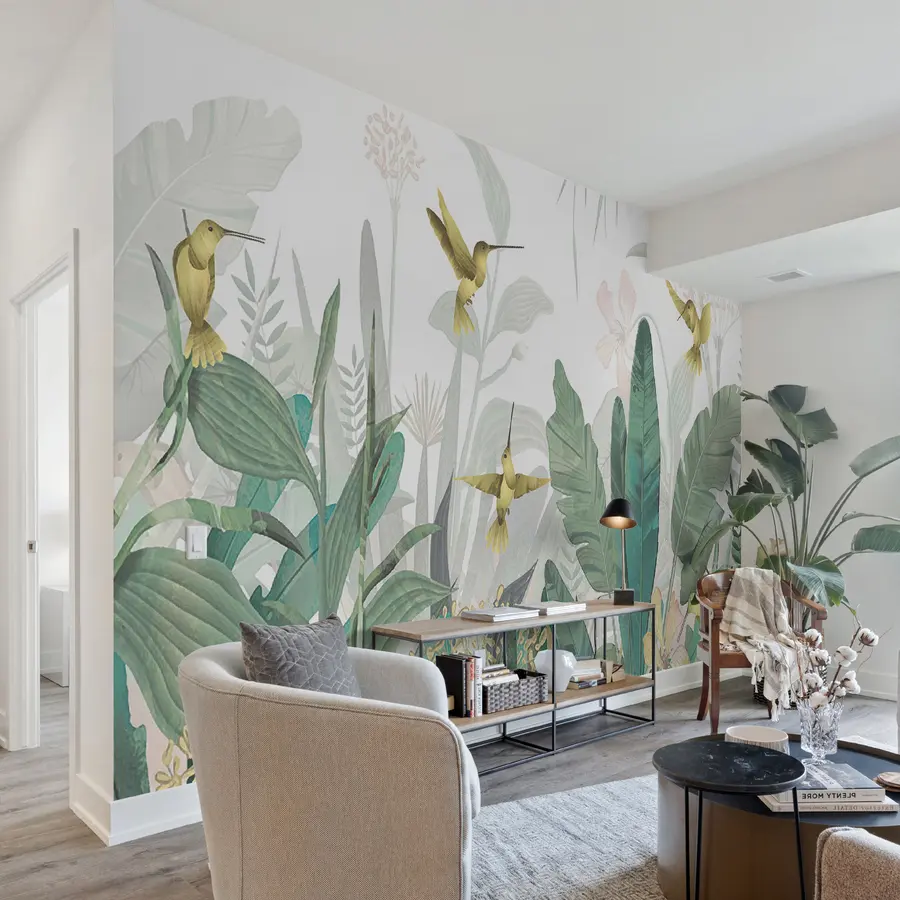 murales de pared Hojas de palma y colibríes u01841
