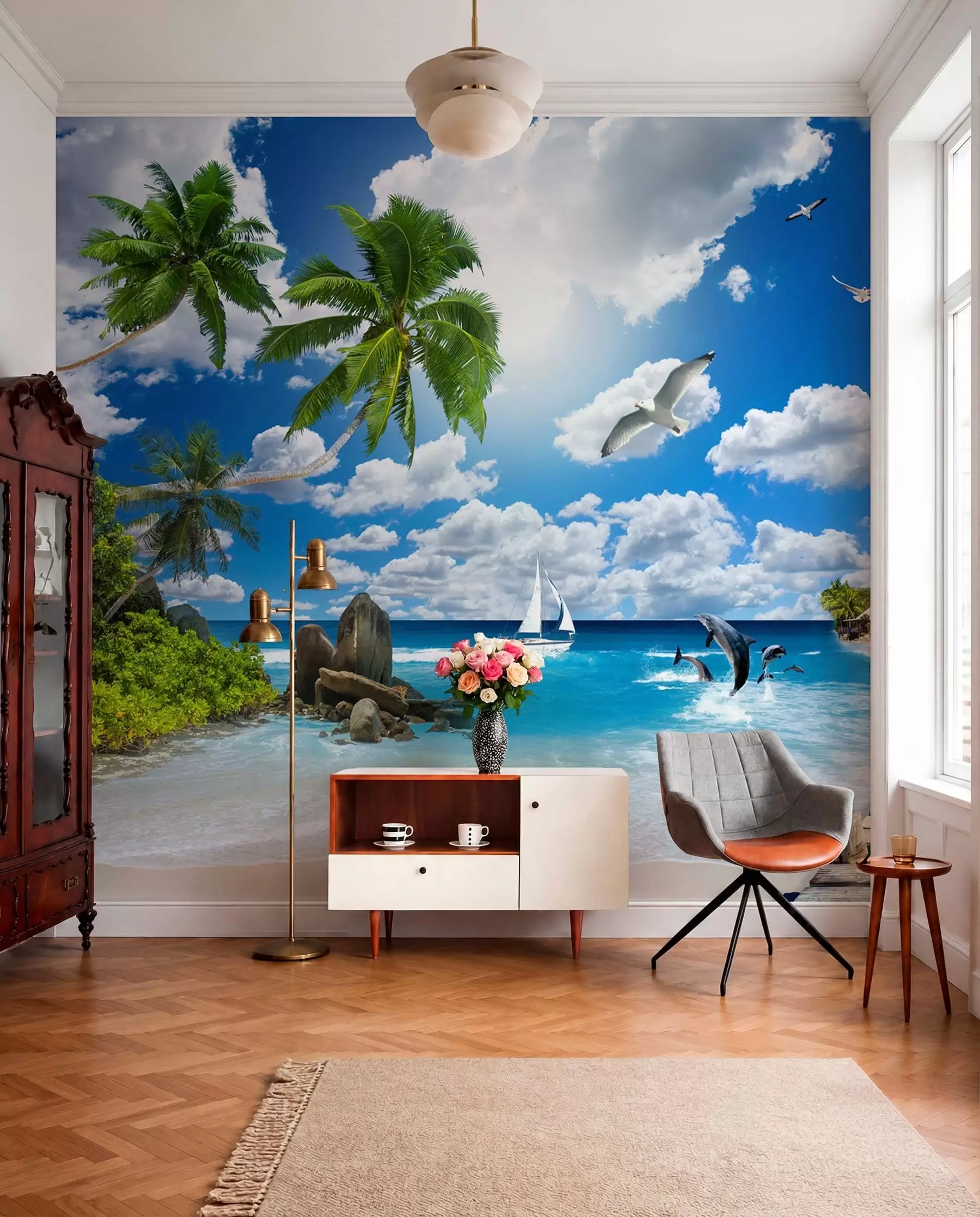 murales de pared Palmeras junto al agua azul u06969