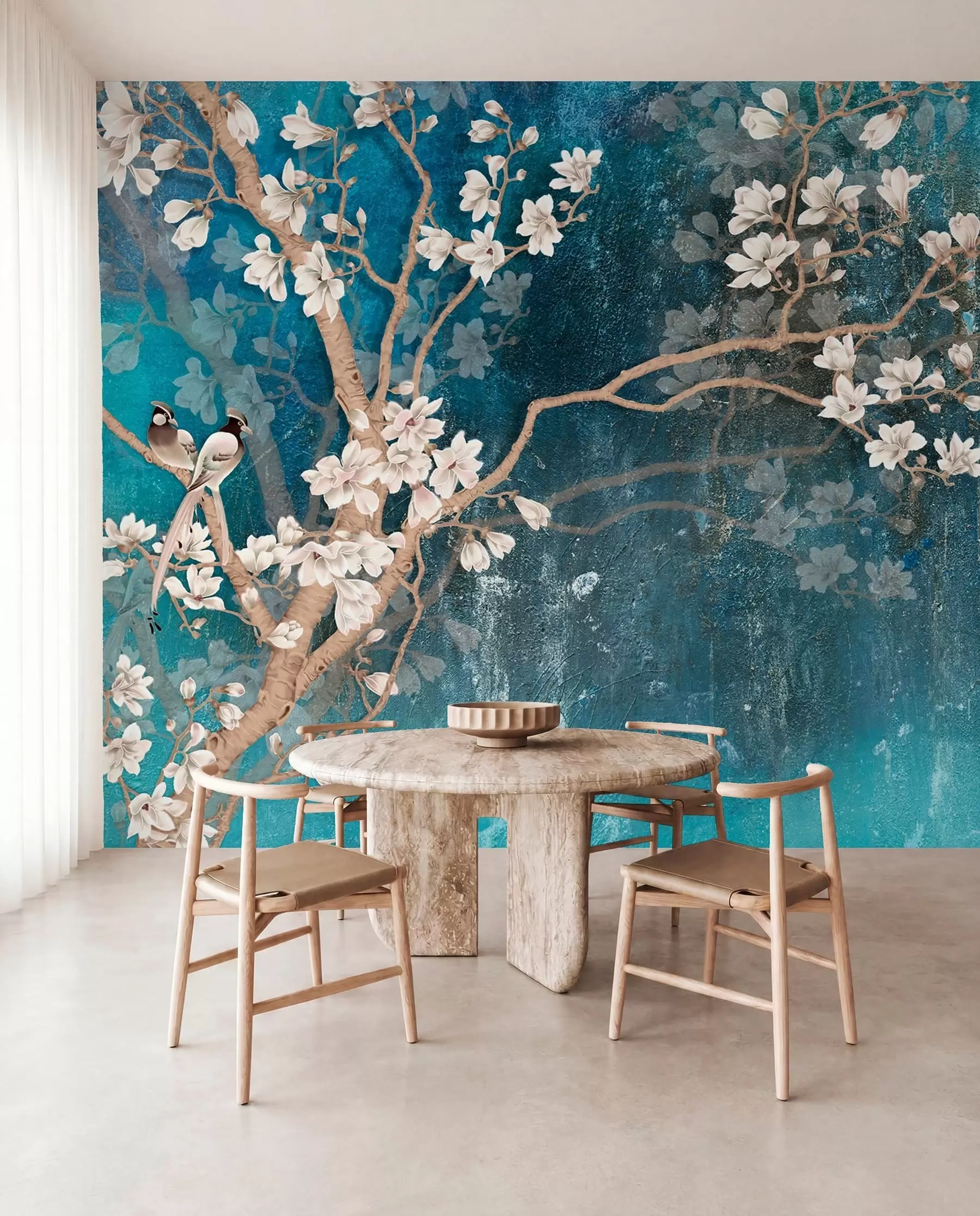 murales de pared Aves y flores sobre azul u12150