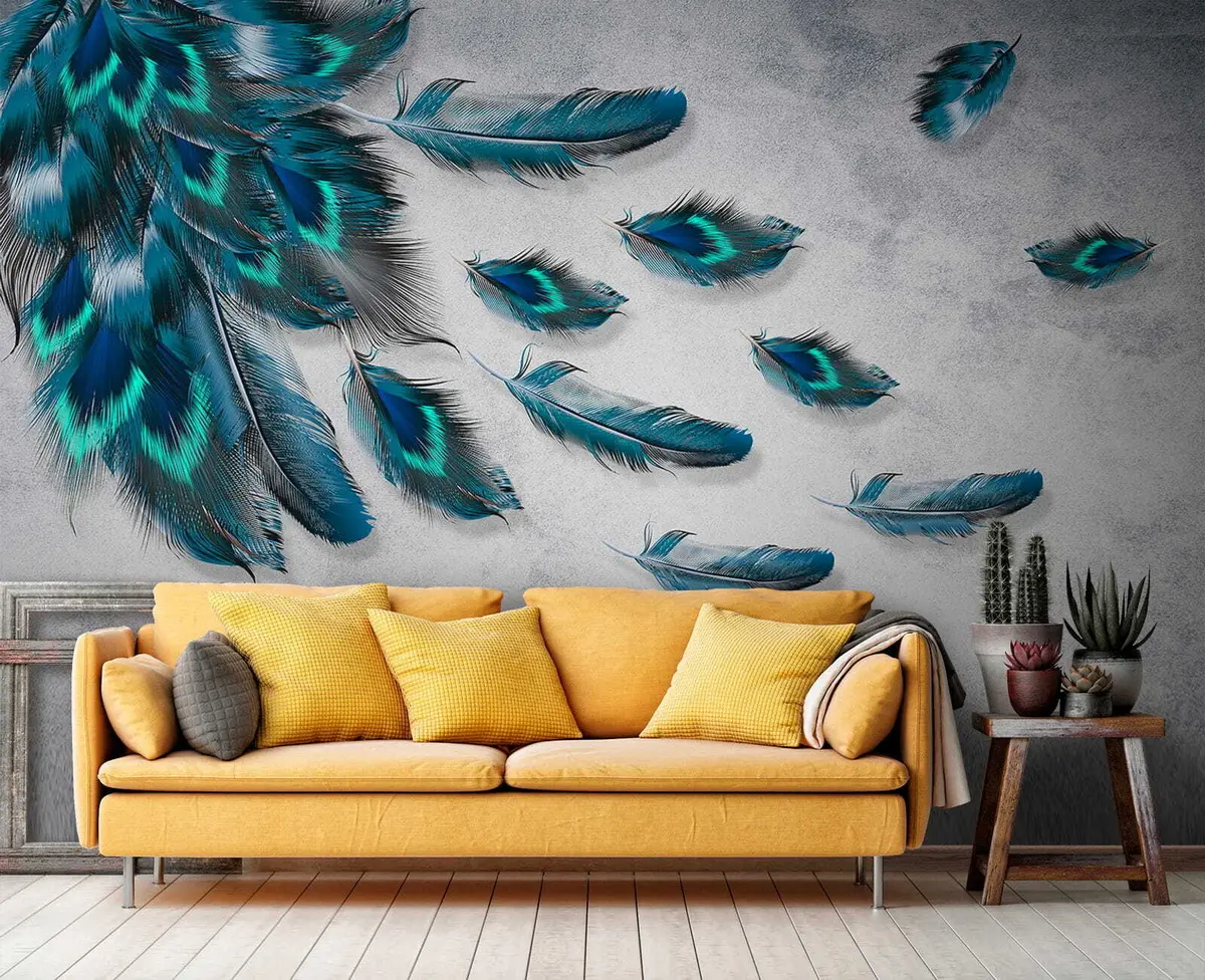 murales de pared Plumas de pavo real en el fondo de la pared de hormigón u29836
