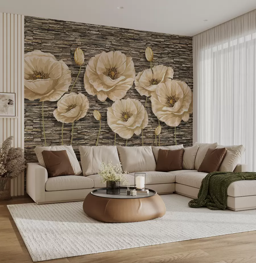 murales de pared Flores en el fondo de un muro de piedra u41855