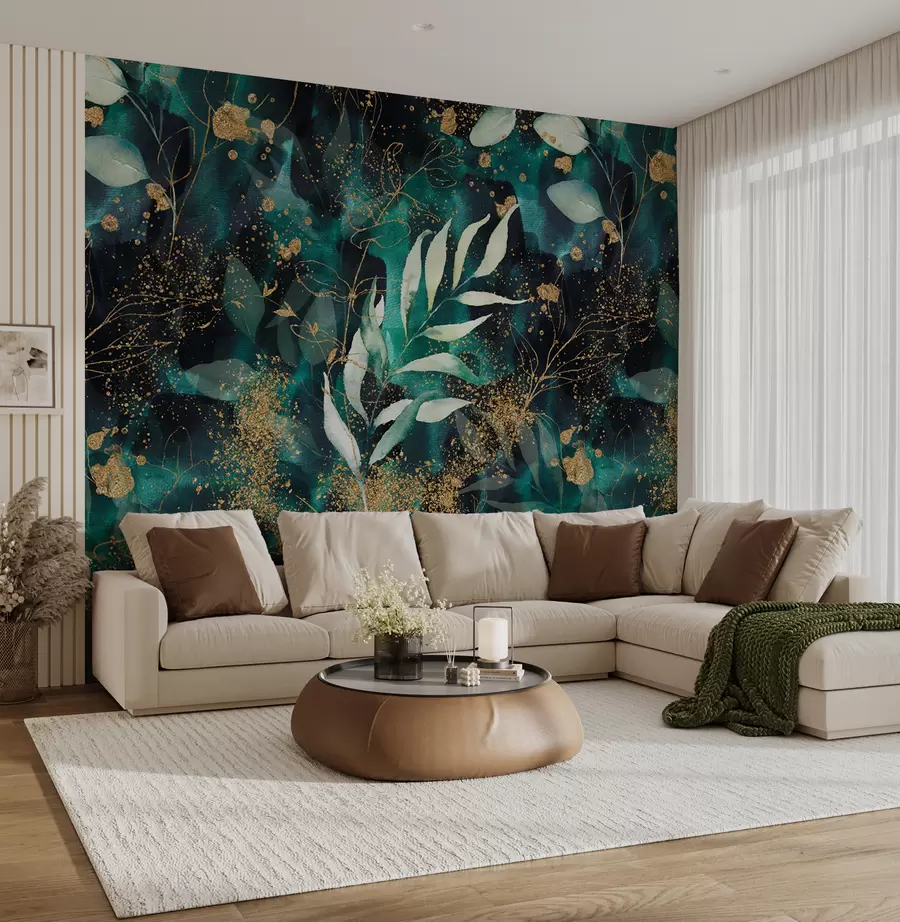murales de pared Hojas esmeralda y polvo de color sobre fondo verde u42471