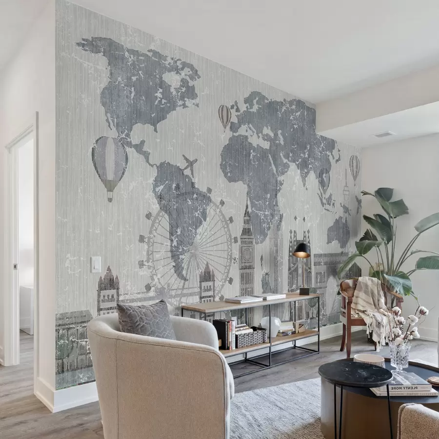 murales de pared Mapamundi en tonos grises u53138