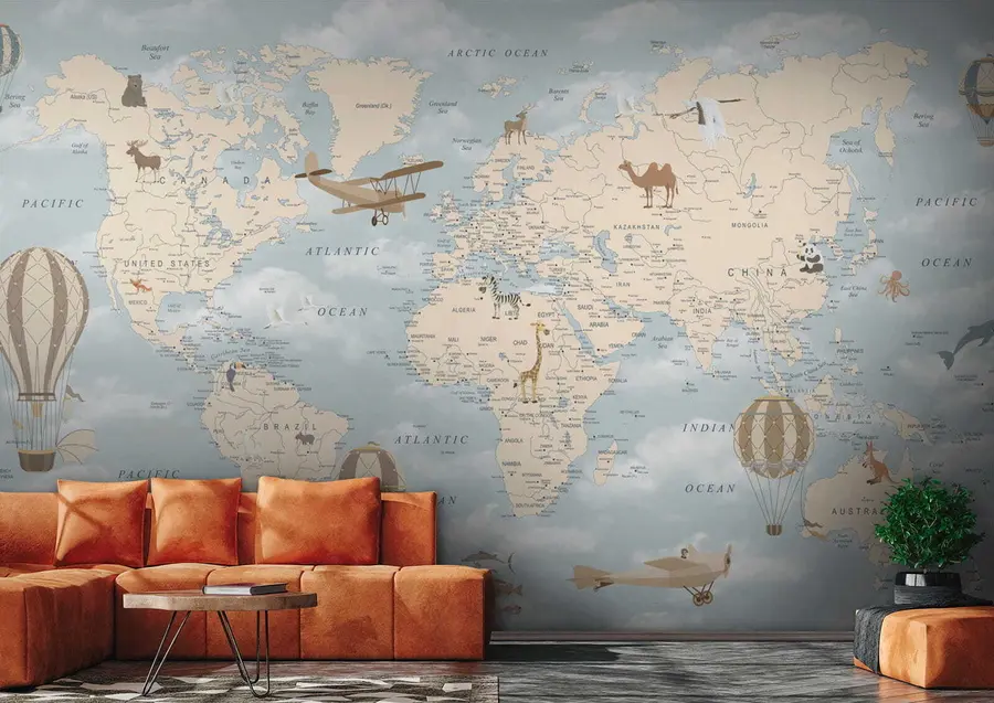 murales de pared Mapa infantil del mundo con aviones u60135