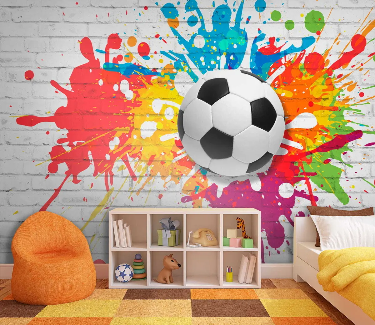 murales de pared Balón de fútbol contra el fondo de una pared de ladrillos u64587
