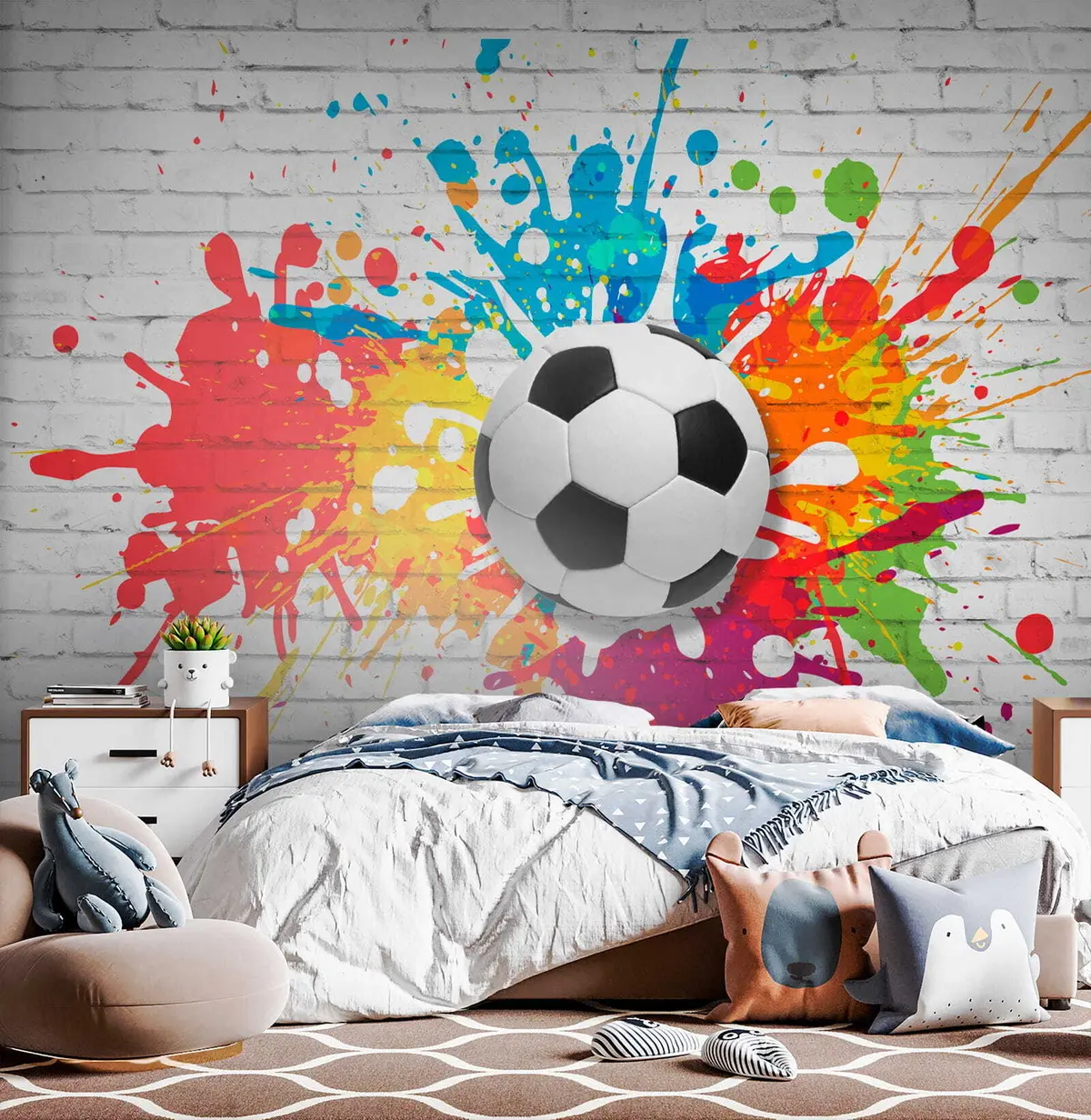 murales de pared Balón de fútbol contra el fondo de una pared de ladrillos u64587