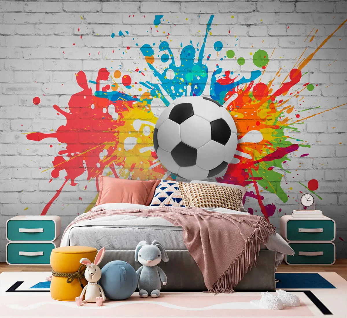 murales de pared Balón de fútbol contra el fondo de una pared de ladrillos u64587