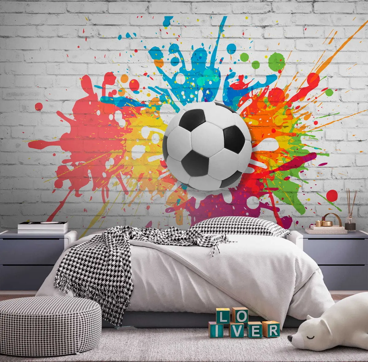murales de pared Balón de fútbol contra el fondo de una pared de ladrillos u64587