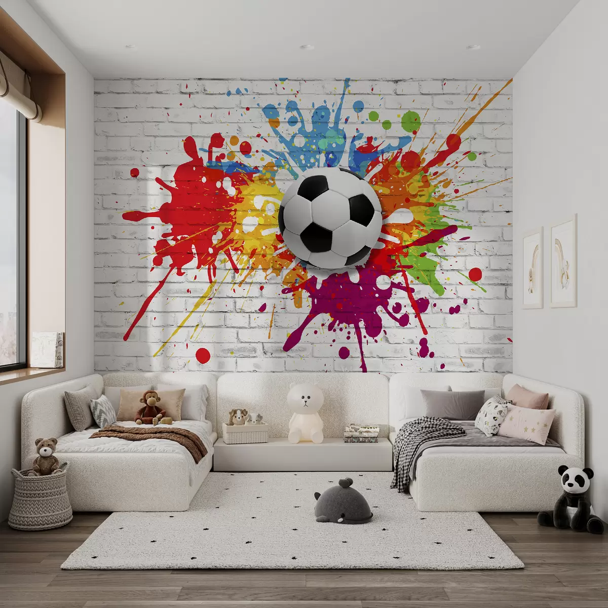 murales de pared Balón de fútbol contra el fondo de una pared de ladrillos u64587