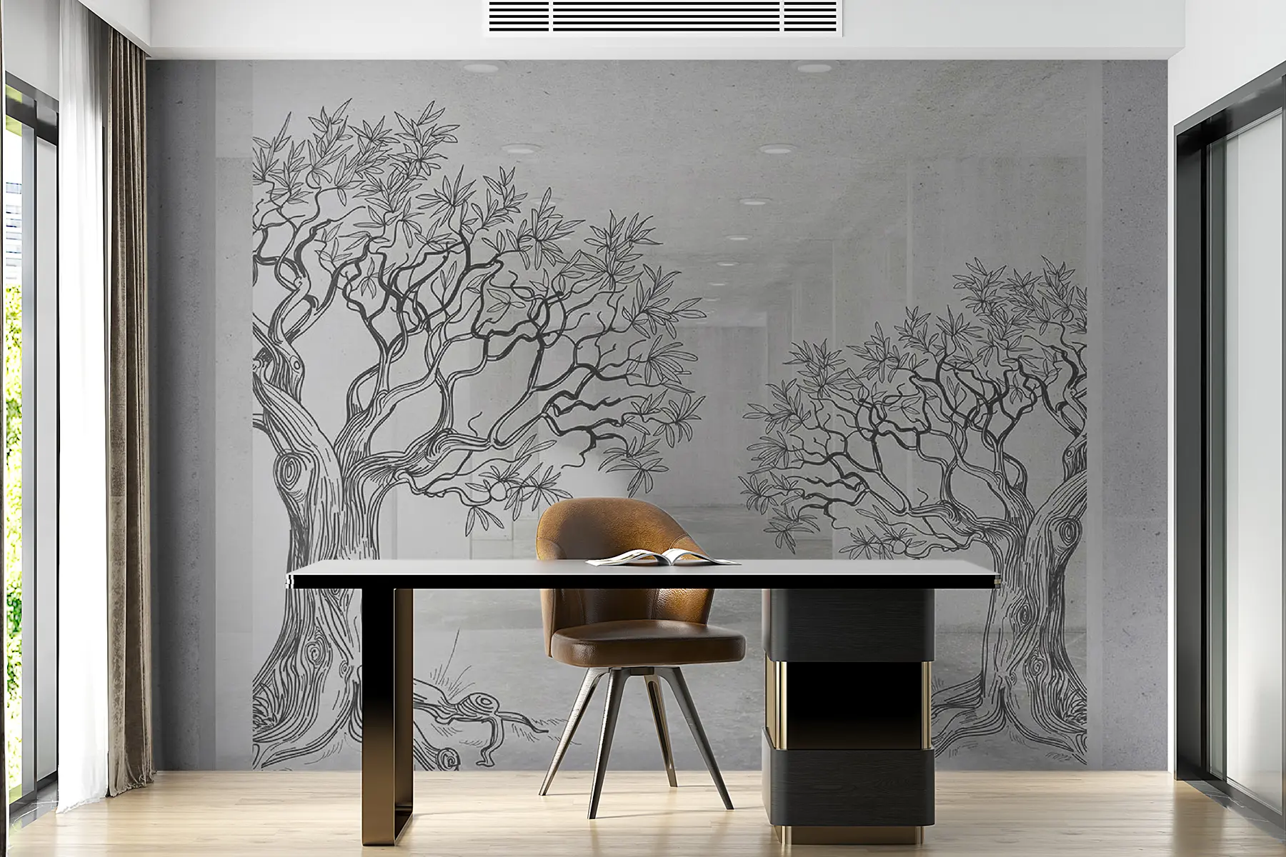 murales de pared Árboles pintados en una habitación de hormigón. u21430