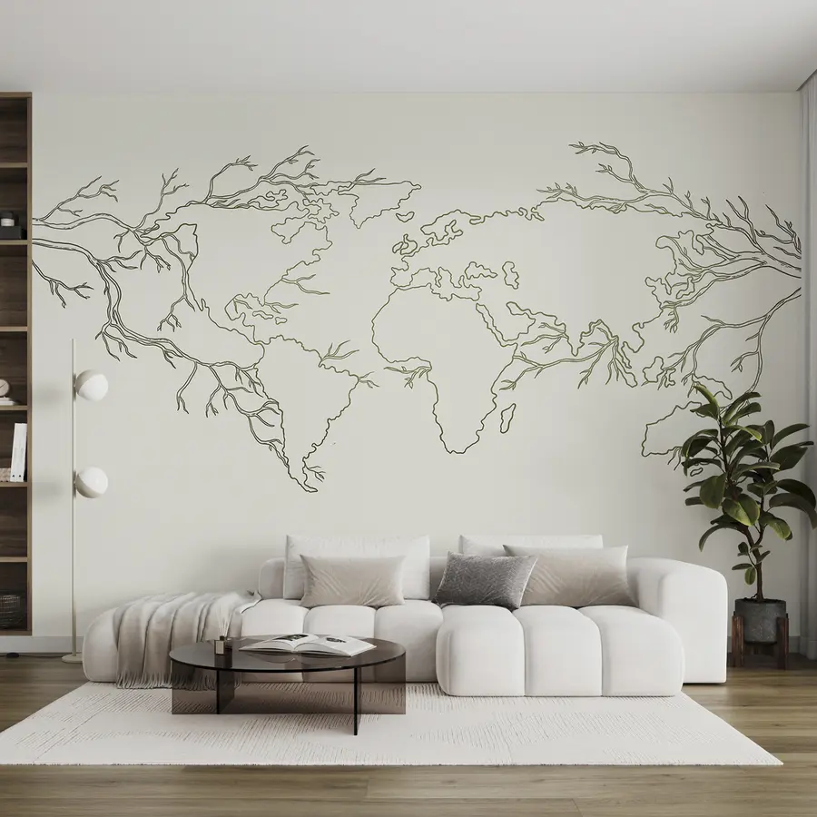 murales de pared Mapa del mundo, ramas de árbol, dibujo lineal, minimalismo, naturaleza, verde u99731v1