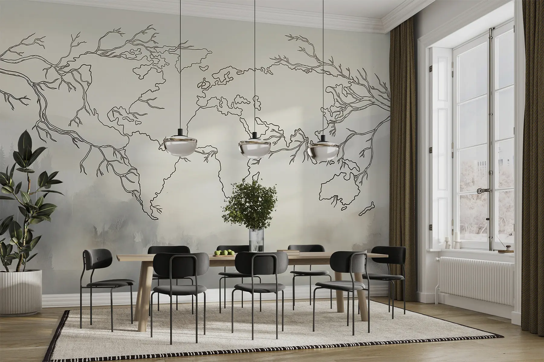 murales de pared Mapa del mundo, ramas de árboles, dibujo lineal, minimalismo, fondo de textura beige u99737