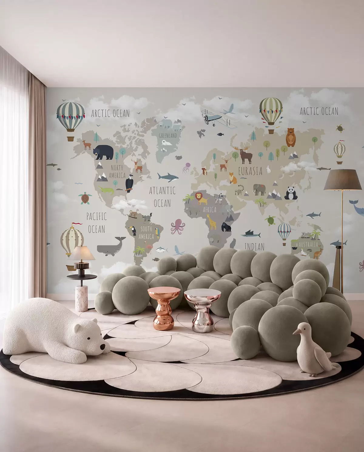 murales de pared Mapamundi con animales y globos u96461d2