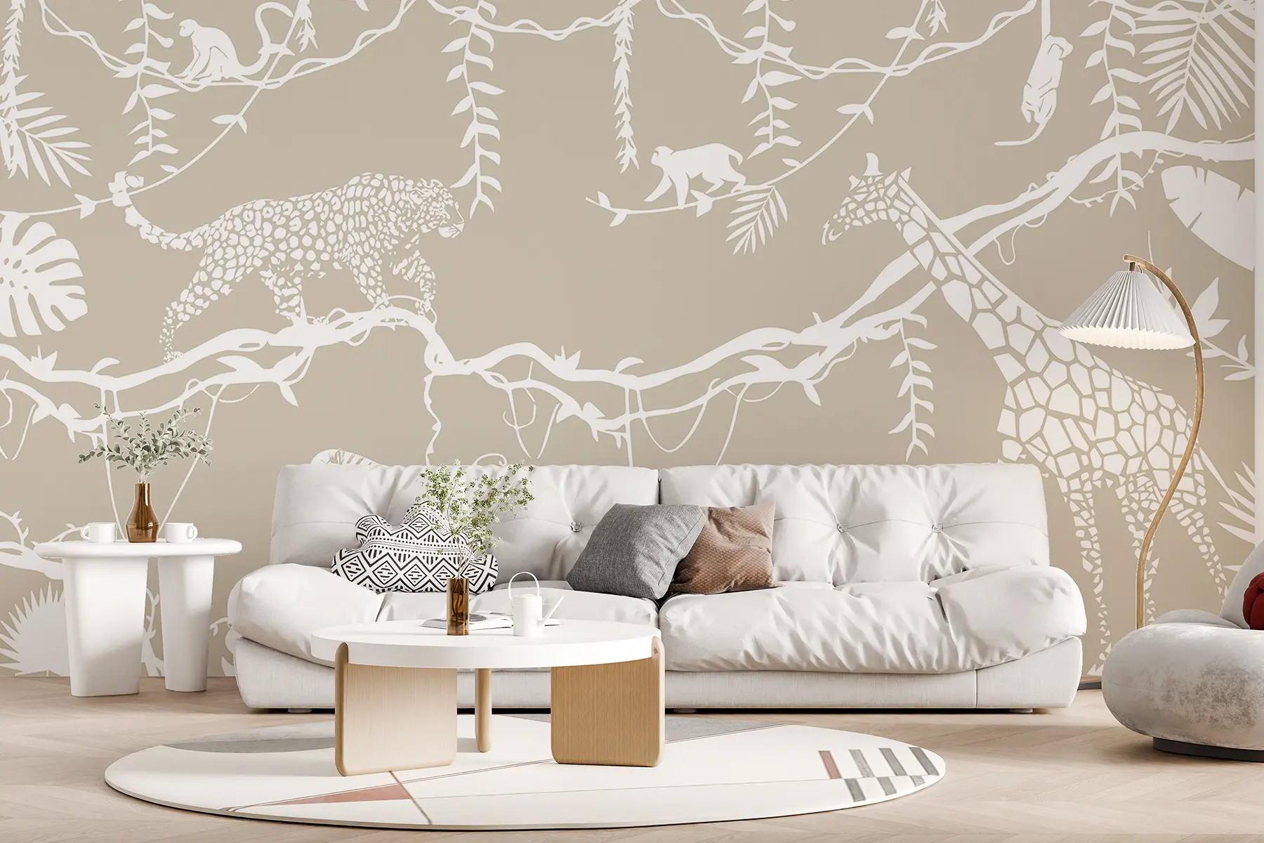 murales de pared Arte abstracto de la selva, lianas, leopardo, jirafa, monos, palmeras, monstera, beige y blanco w00087