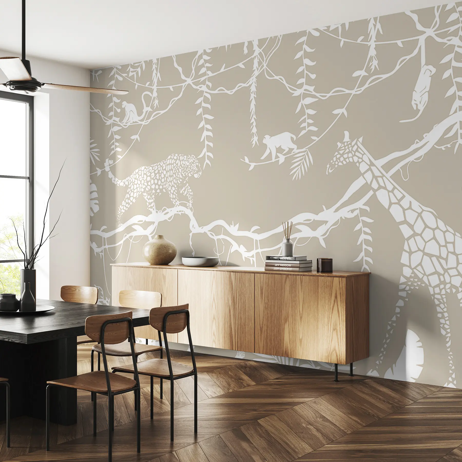 murales de pared Arte abstracto de la selva, lianas, leopardo, jirafa, monos, palmeras, monstera, beige y blanco w00087