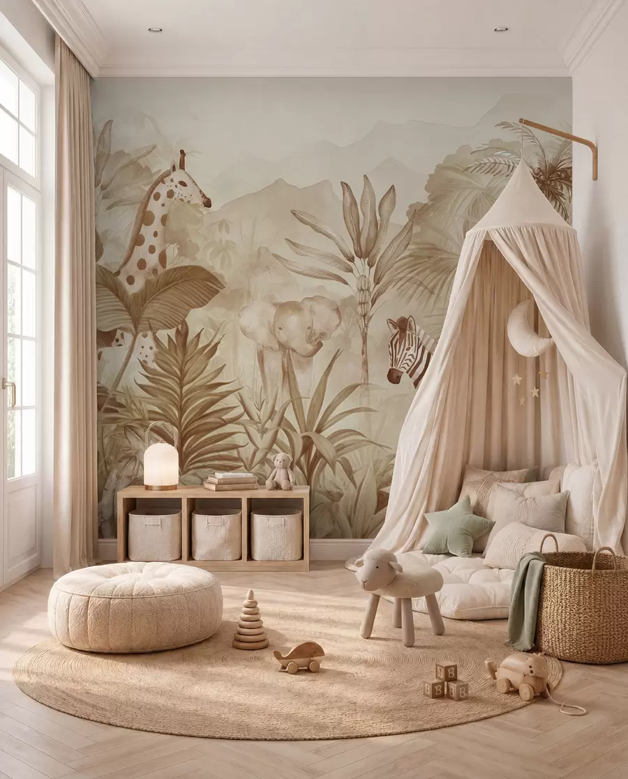 murales de pared Selva, palmeras, jirafa, elefante, cebra, acuarela, color beige, platanero, flores w00089v1