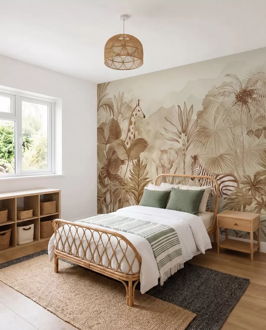 murales de pared Selva, palmeras, jirafa, elefante, cebra, acuarela, color beige, platanero, flores w00089v1