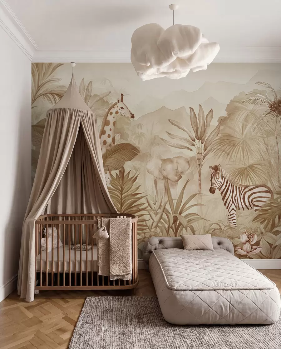 murales de pared Selva, palmeras, jirafa, elefante, cebra, acuarela, color beige, platanero, flores w00089v1