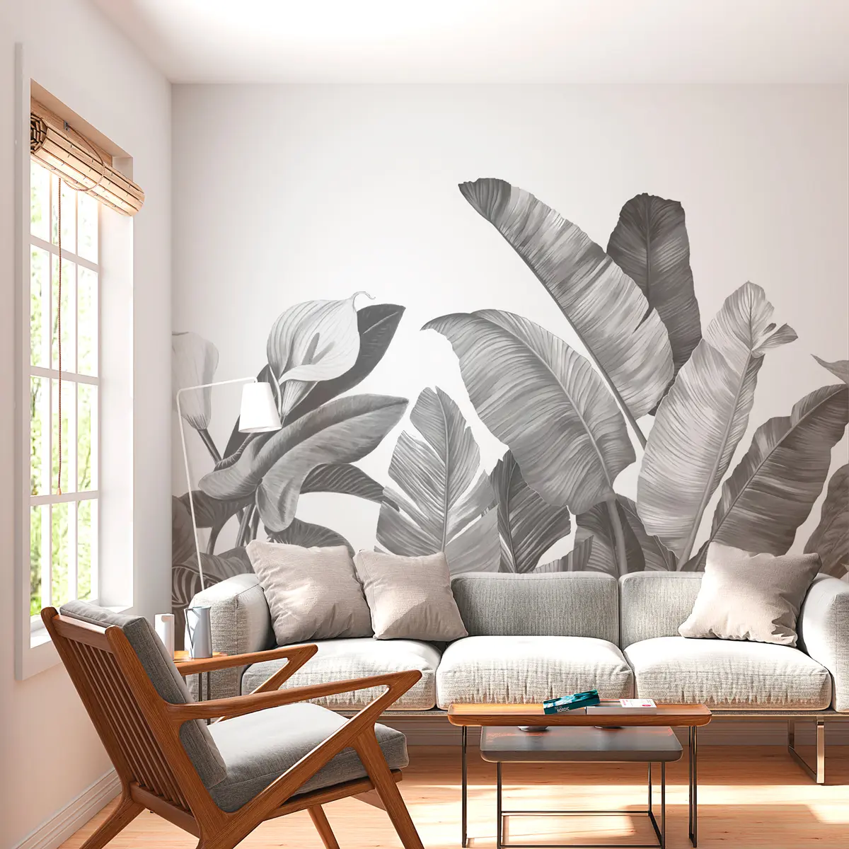 murales de pared Moderno follaje tropical con flores en blanco y negro w00186