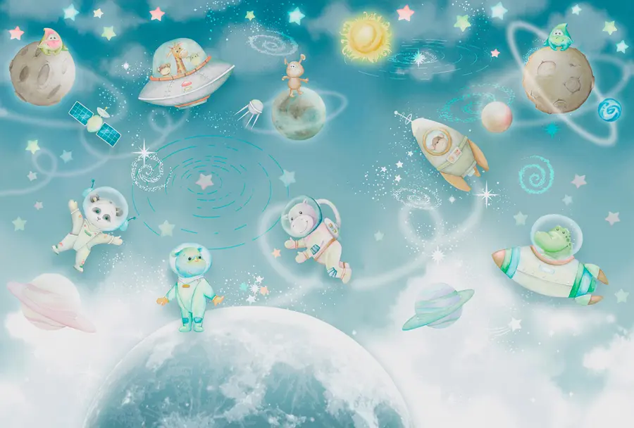 murales de pared Aventuras cósmicas y galácticas de los animales de los astronautas w00343
