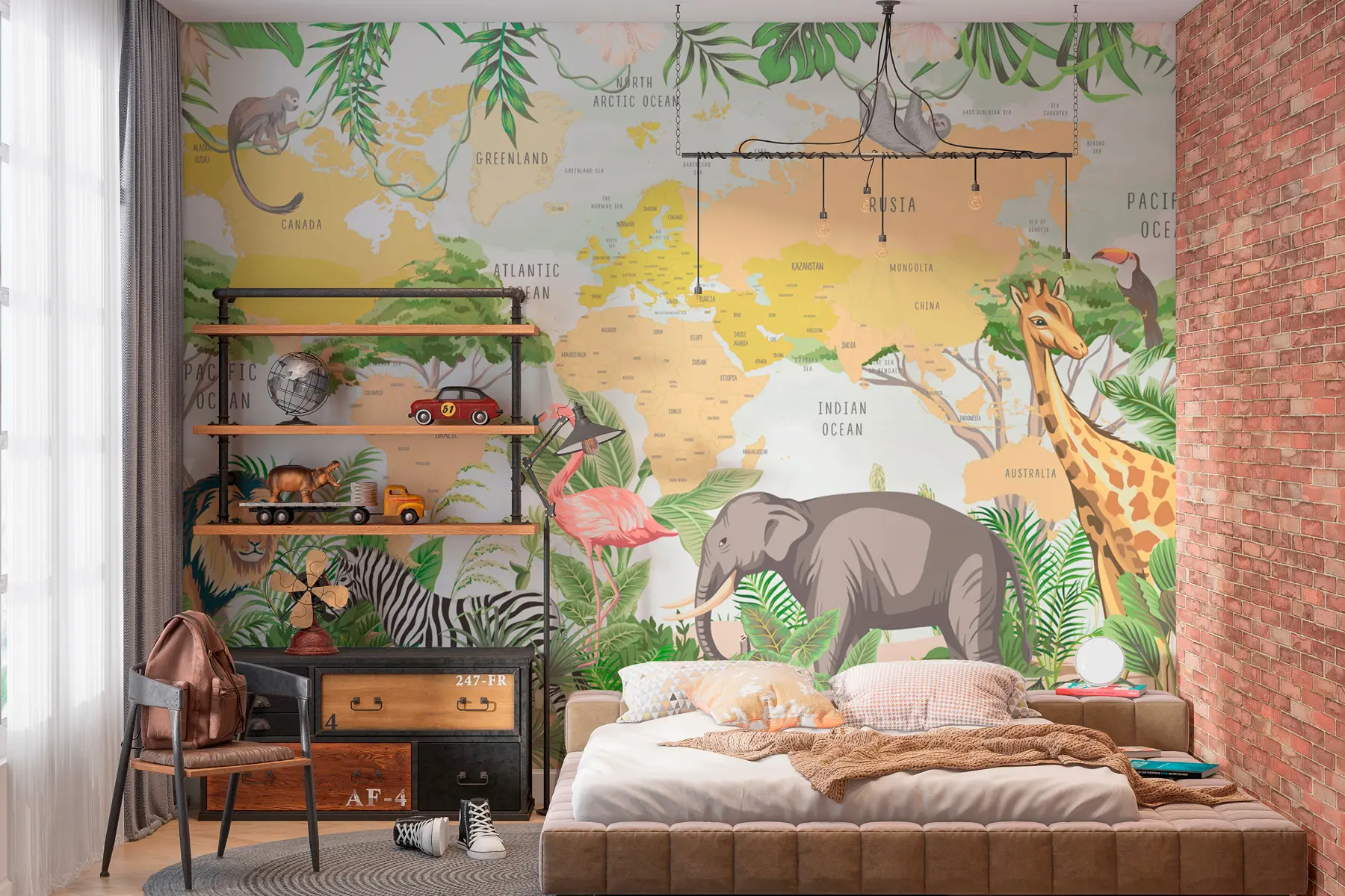 murales de pared Mapamundi infantil de estilo tropical Selva y animales w00373