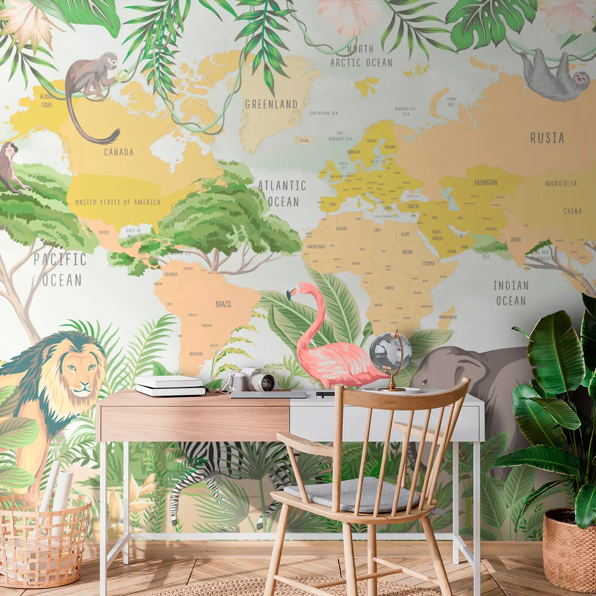 Murales de pared Mapamundi infantil de estilo tropical Selva y animales w00373 murales de pared Mapamundi infantil de estilo tropical Selva y animales w00373