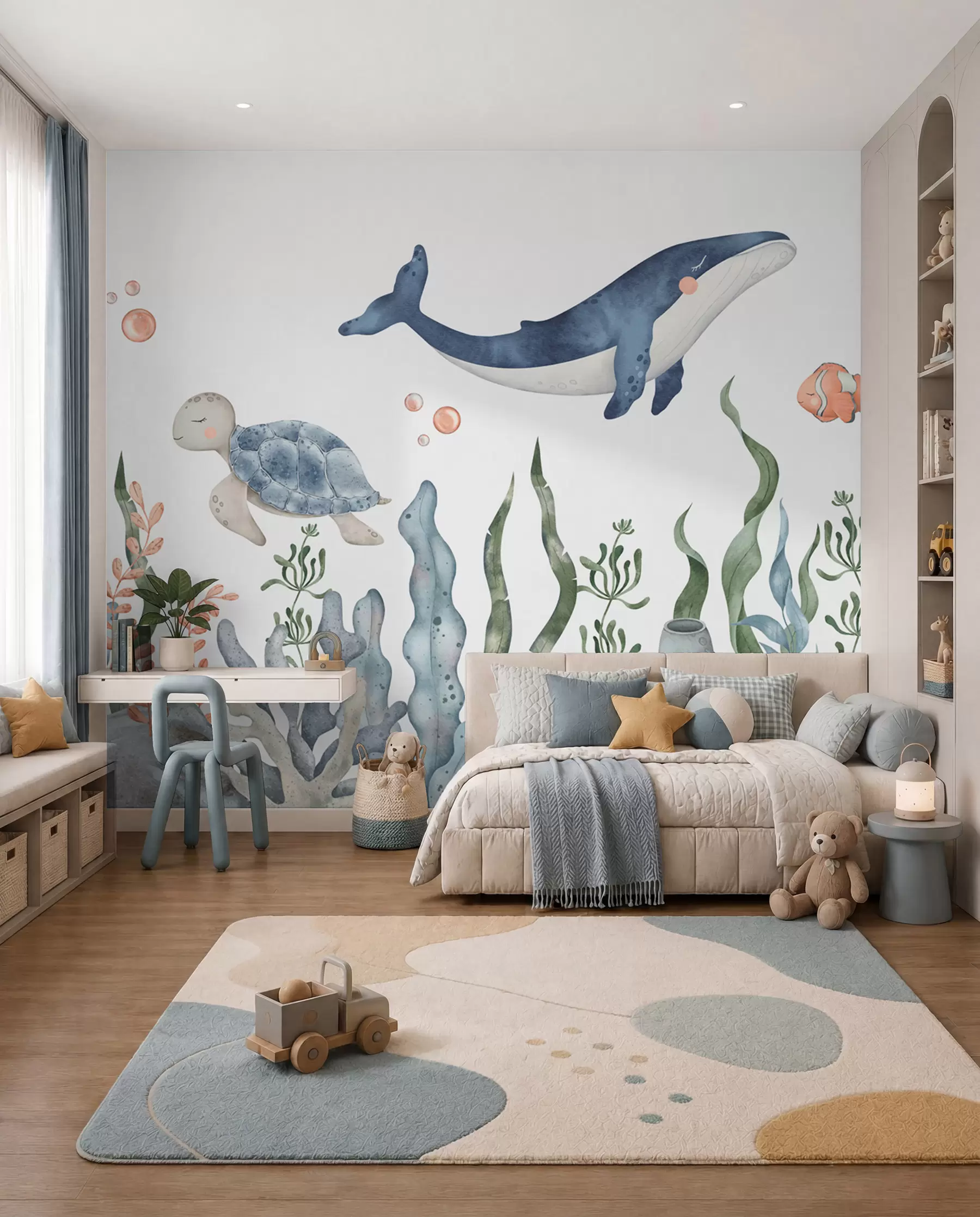 murales de pared Mundo submarino con ballenas, pulpos y tortugas w00383