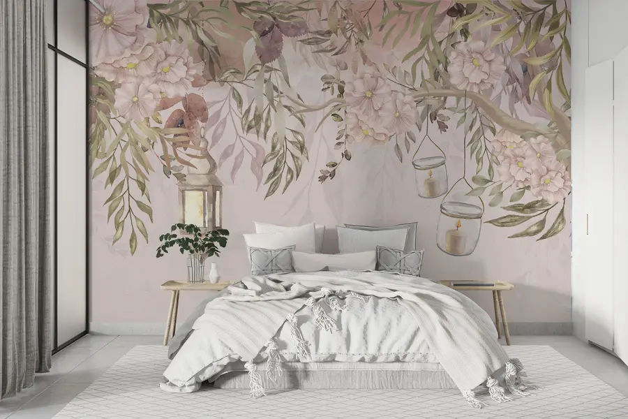 murales de pared Flores delicadas y ramas verdes colgando hacia abajo w00384