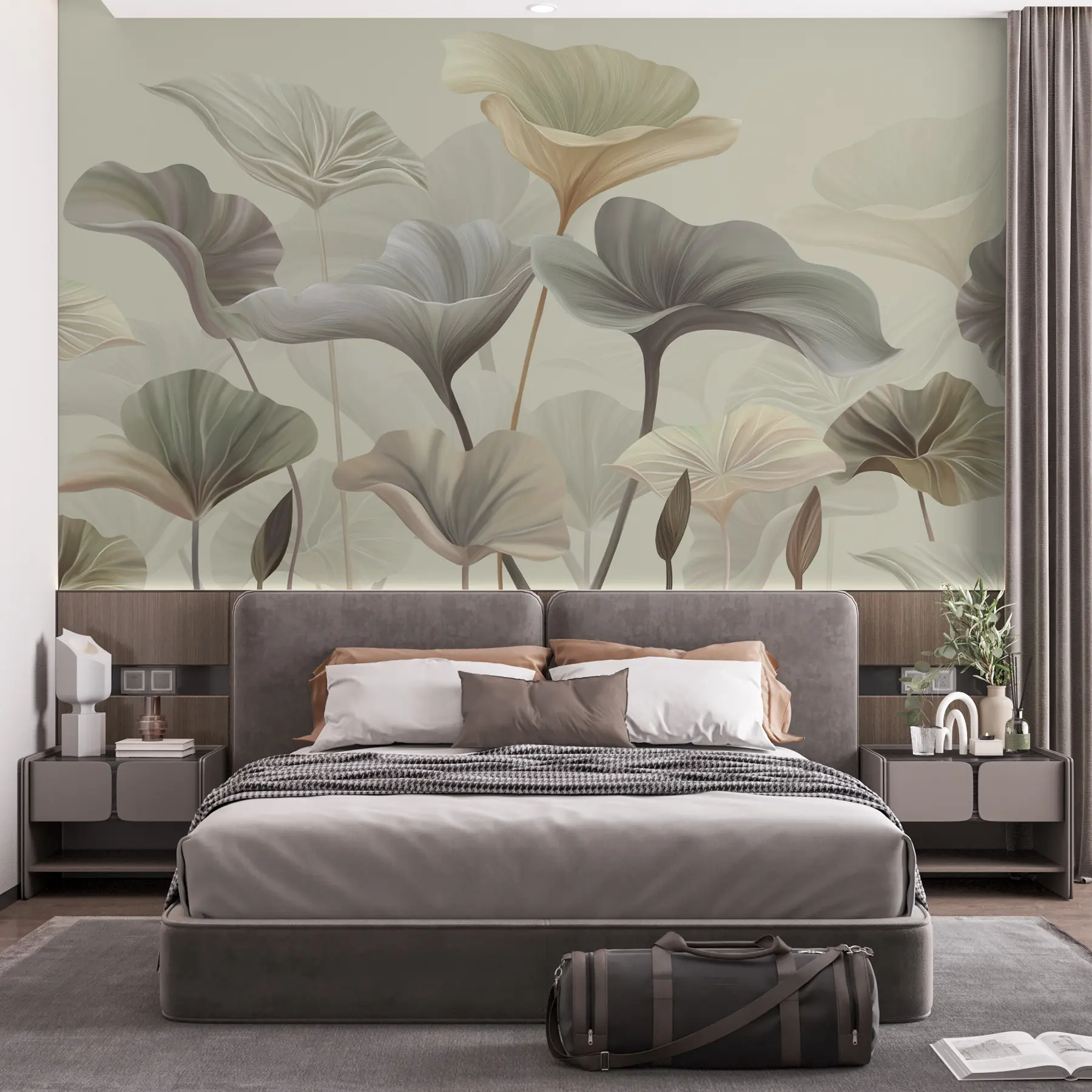 murales de pared Hermosas hojas grandes en colores delicados w00385