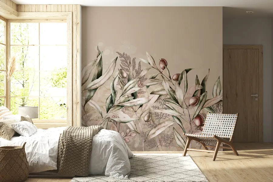 murales de pared Ilustración de aceitunas, diseño floral, tropical, acuarela, hojas grandes, colores beige w00407v1