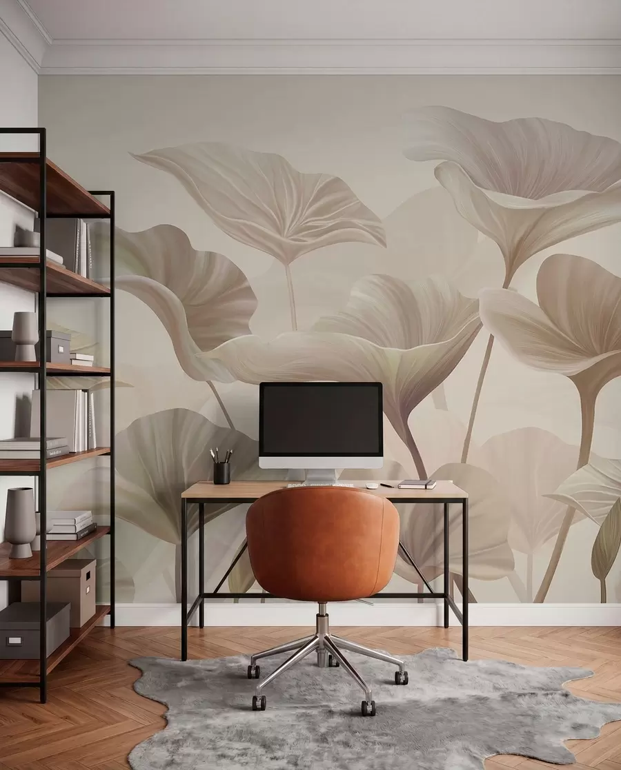 murales de pared Preciosas hojas grandes en color beige w00385v3