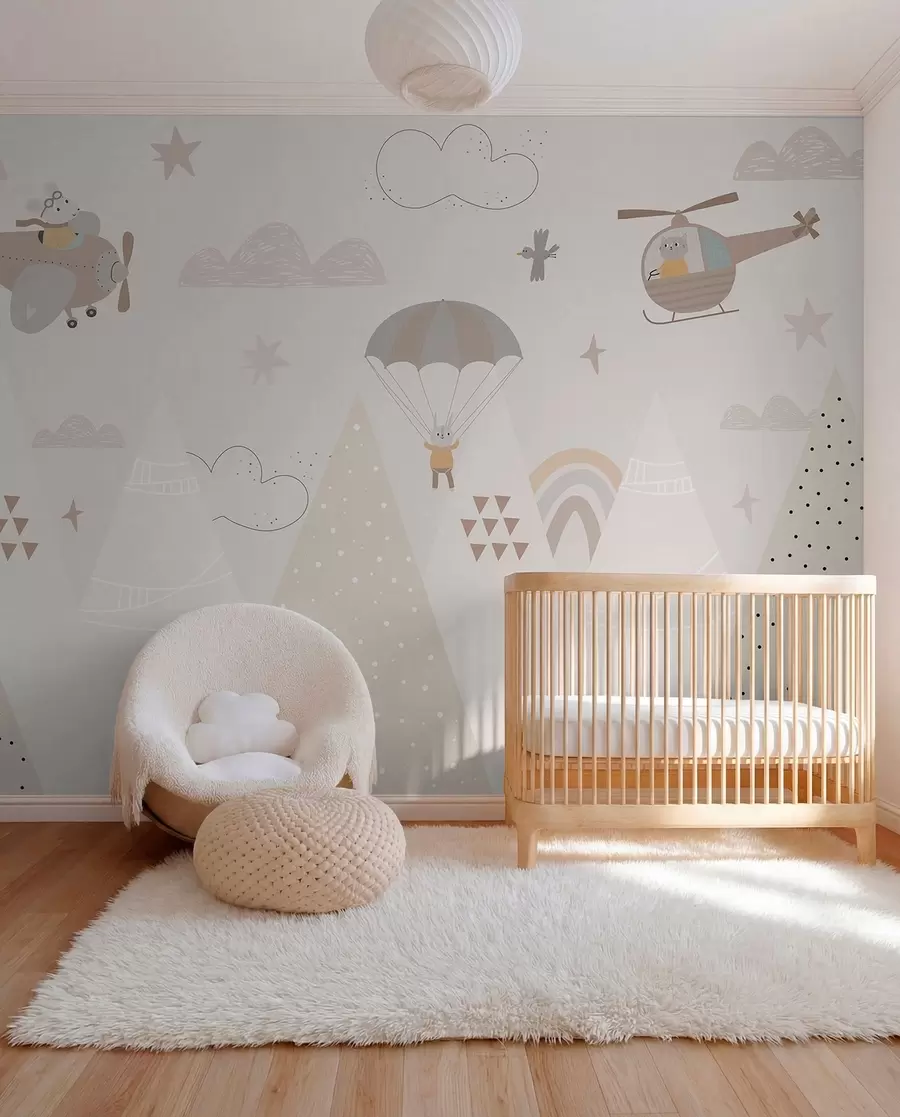 murales de pared Montañas beige con helicóptero, avión y animales w00414