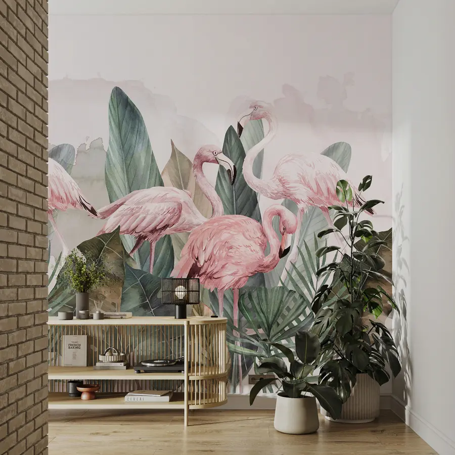 murales de pared Flamencos en hojas tropicales, acuarela, colores rosa y oliva. w00505v1