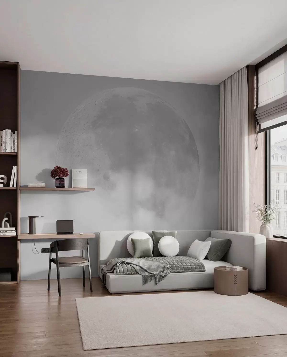 murales de pared Gran luna entre las nubes de color gris estilo loft w00548v1