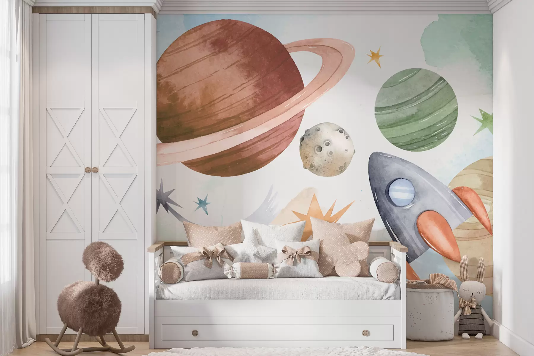 murales de pared Una colorida ilustración que representa varios planetas y acuarela espacial. w00539