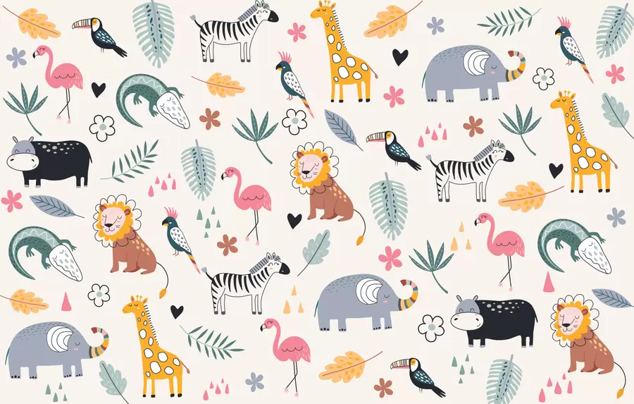 murales de pared animales, leones, jirafas, elefantes, hojas, cuarto del bebé w00555