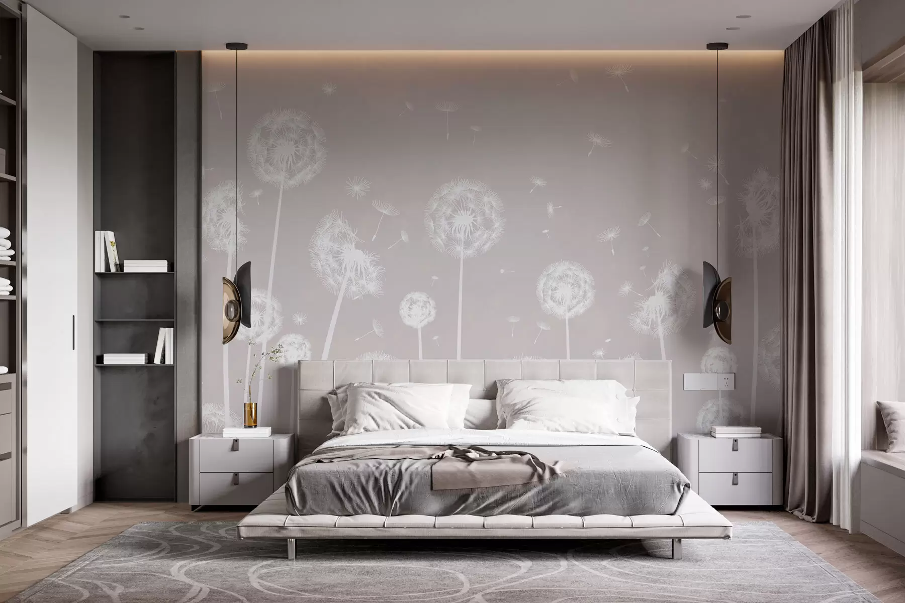 murales de pared Un campo de dientes de león con un fondo moteado claro de color beige w00657