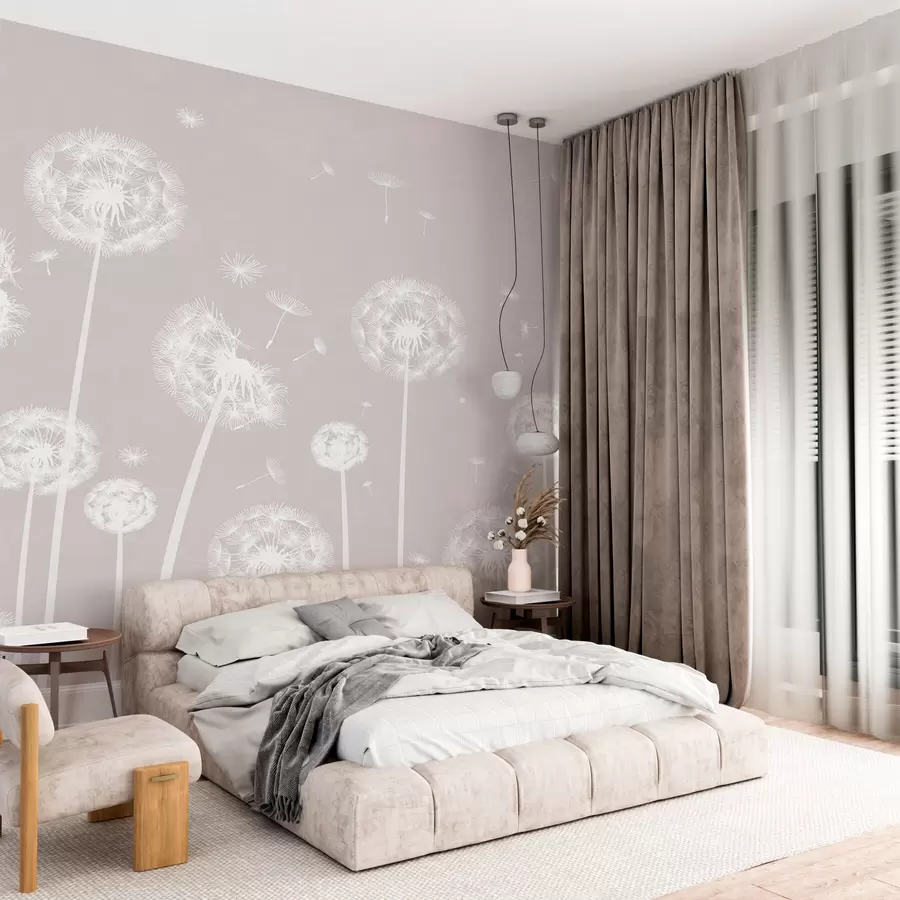 murales de pared Un campo de dientes de león con un fondo moteado claro de color beige w00657
