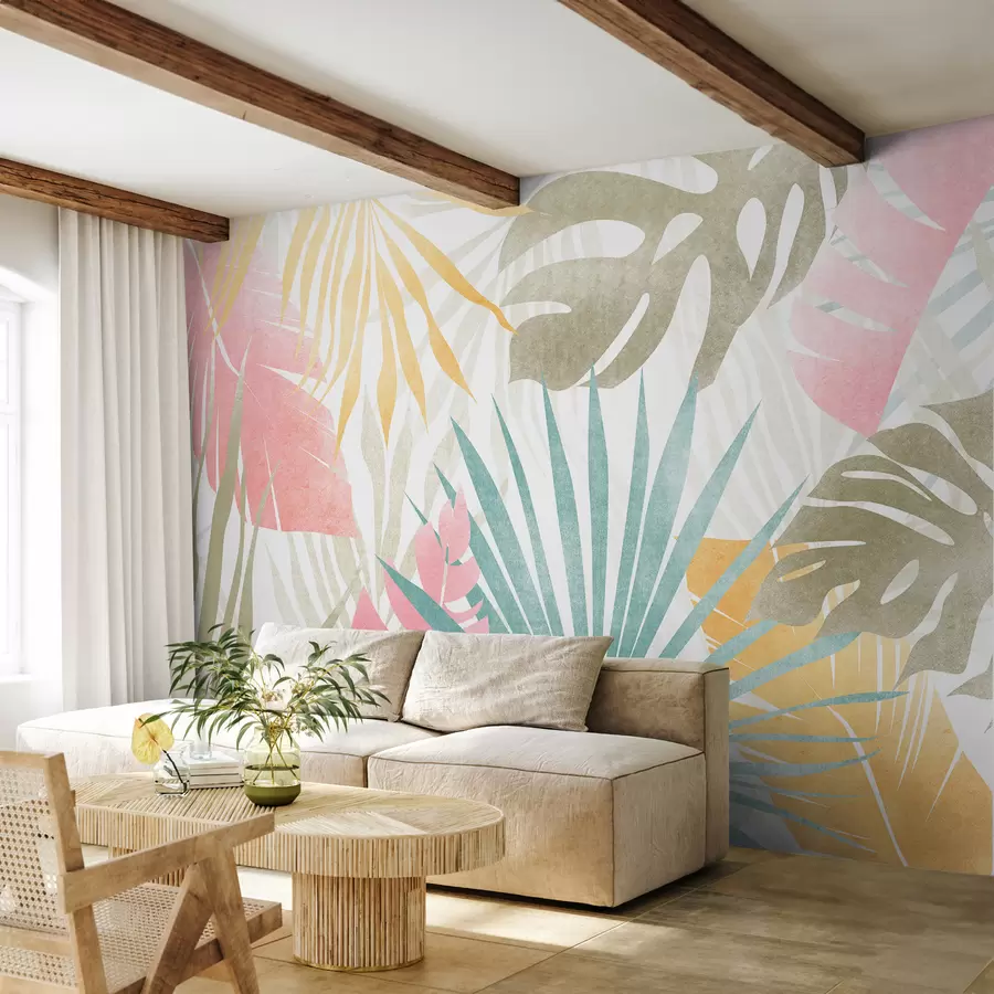 murales de pared Hojas de palma, monstera, follaje tropical, textura azul, rosa, amarillo, color gris w00675