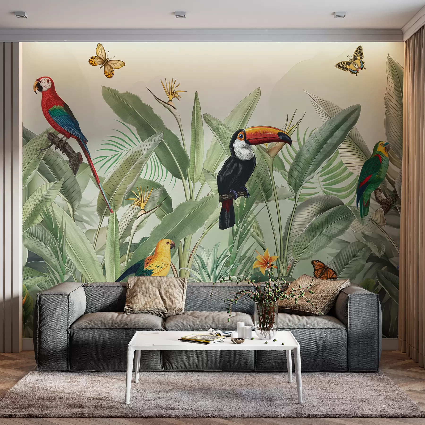 murales de pared Loros bajo copas verdes w00635
