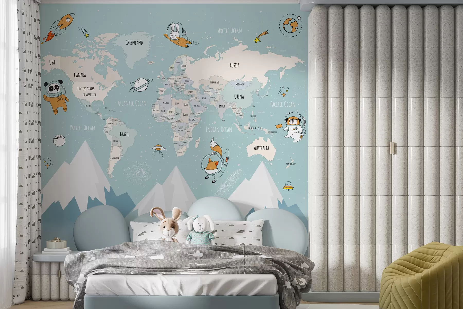 murales de pared Mapa de países del mundo con animales astronautas w00066d1