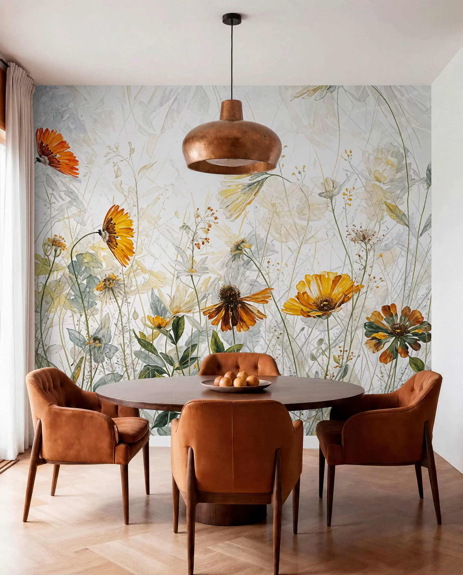 murales de pared Un campo de flores vibrantes sobre un fondo suave y brumoso con delicadas flores blancas y hierba tenue w00708