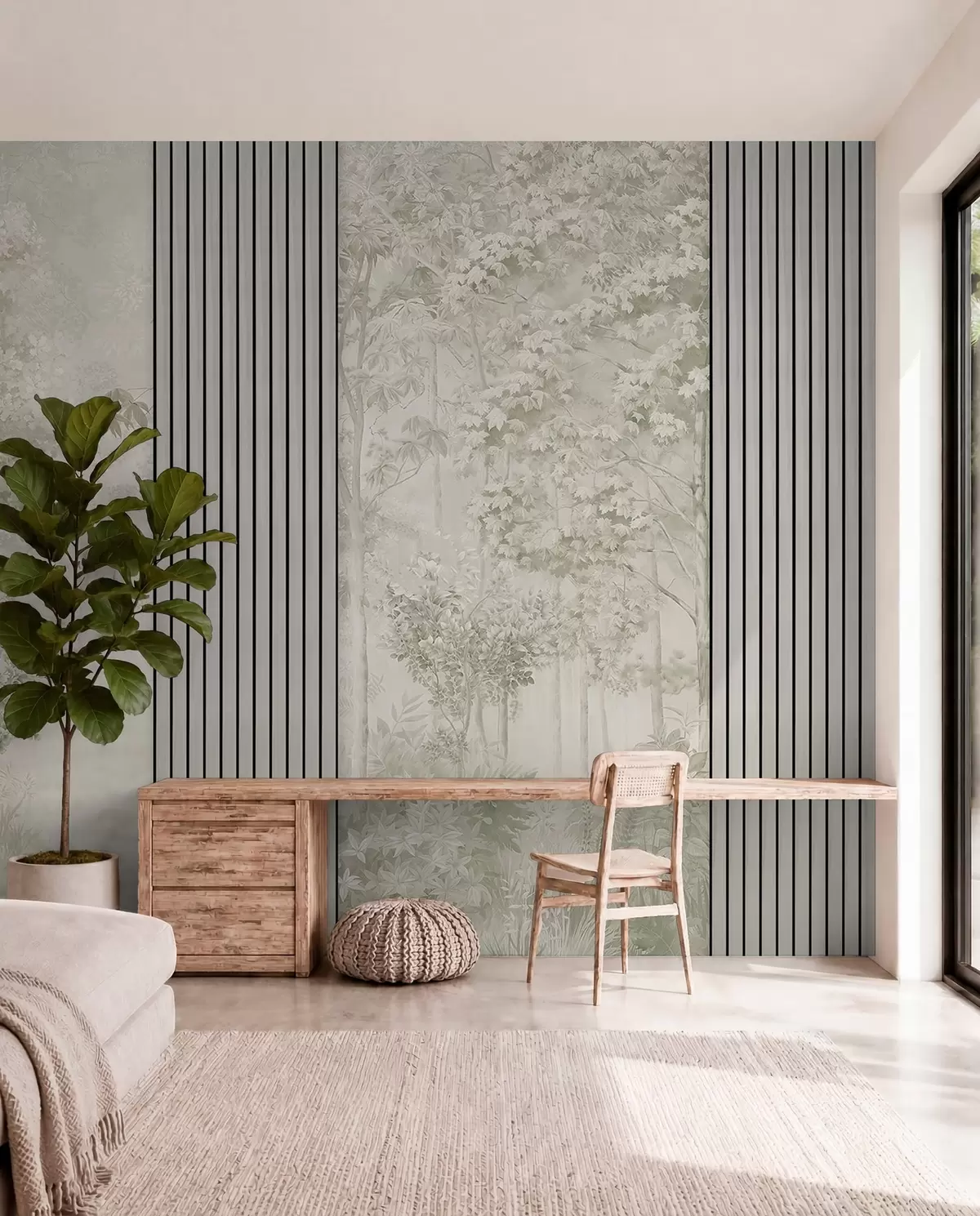 murales de pared Paneles de madera y delicado bosque en tonos verdes w00670v2