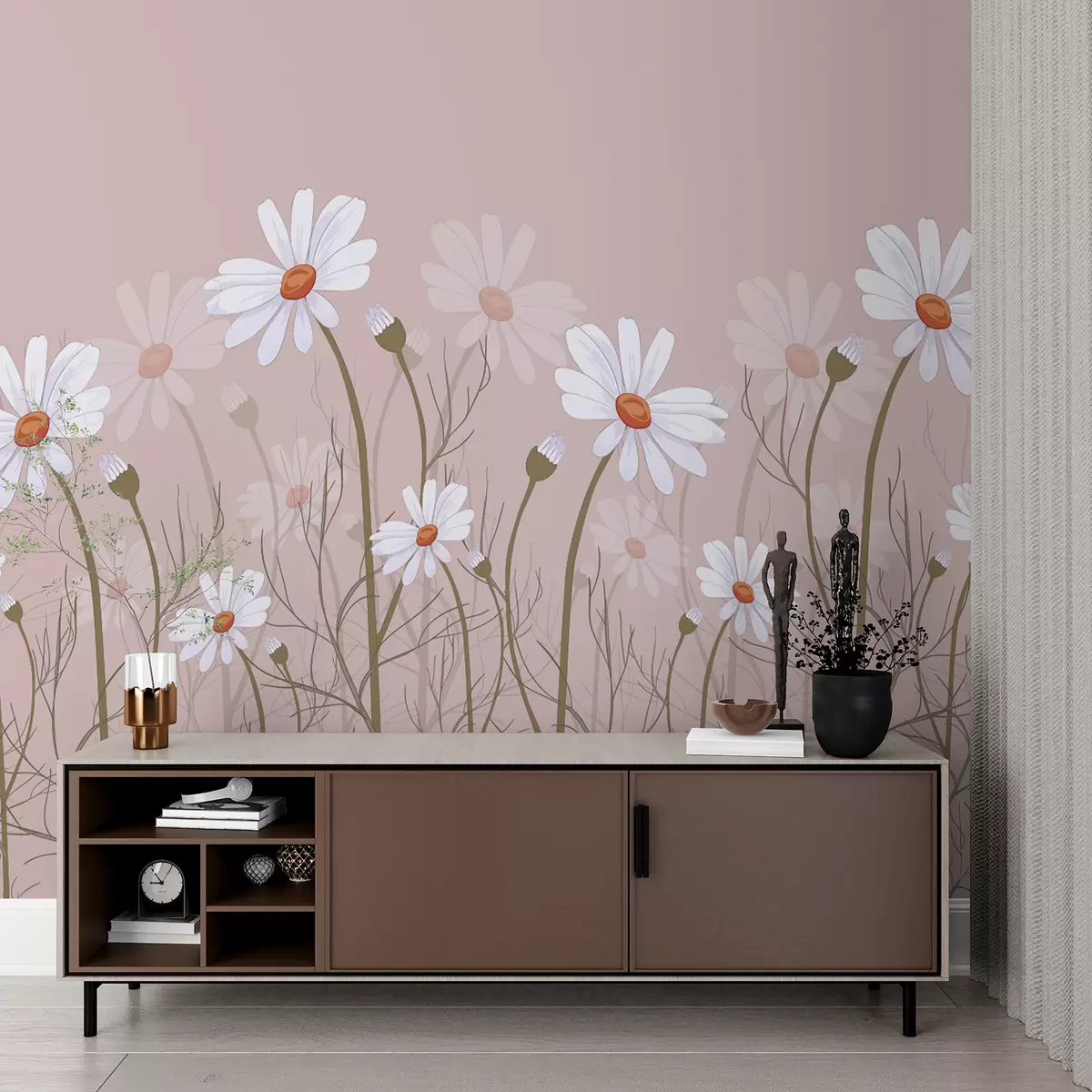 murales de pared margaritas grandes sobre un fondo rosa w00802v1