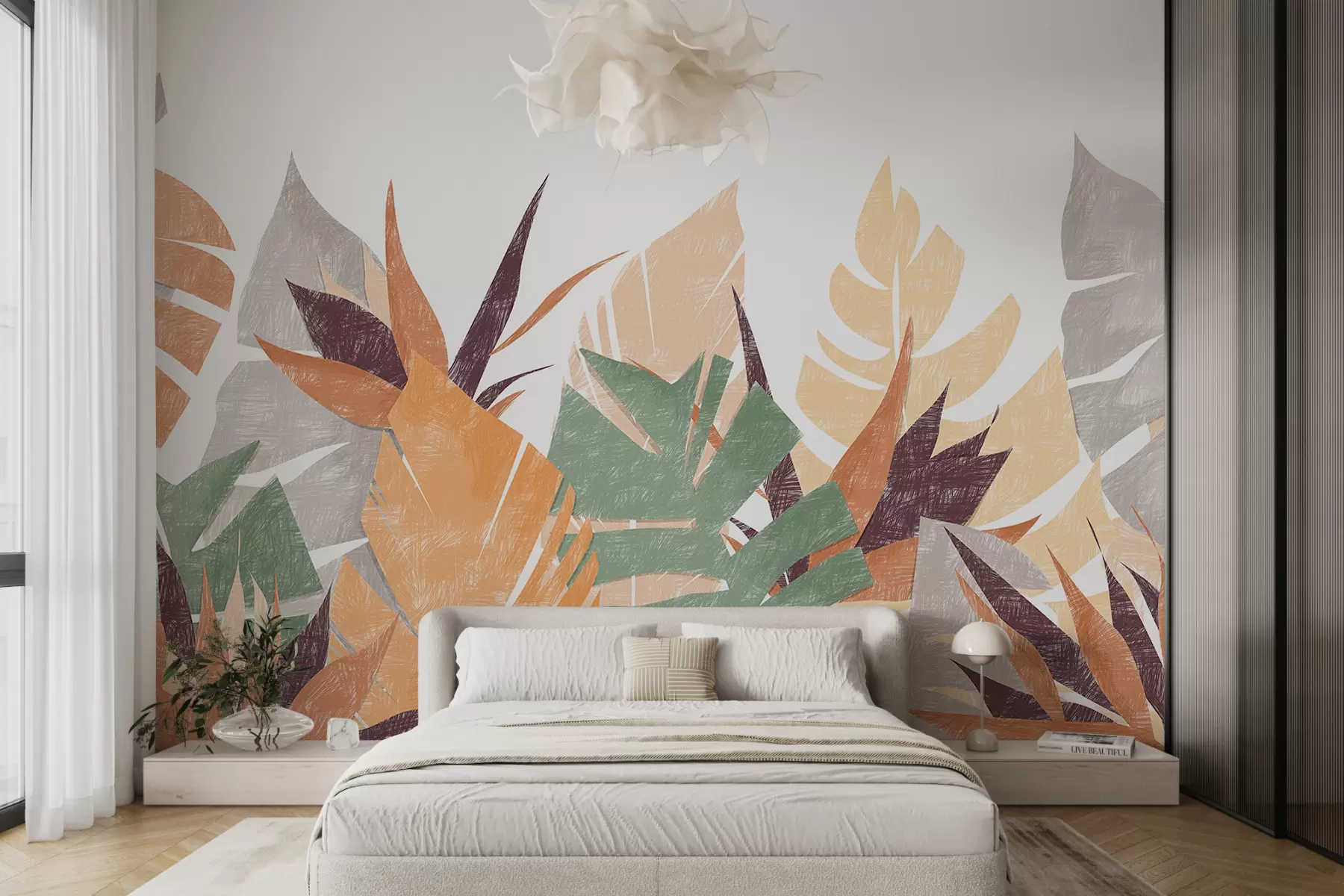 murales de pared Hojas de palma, trópicos, lápiz de imitación de silueta de planta, flor, verde, naranja, gris, rojo púrpura, color w00790