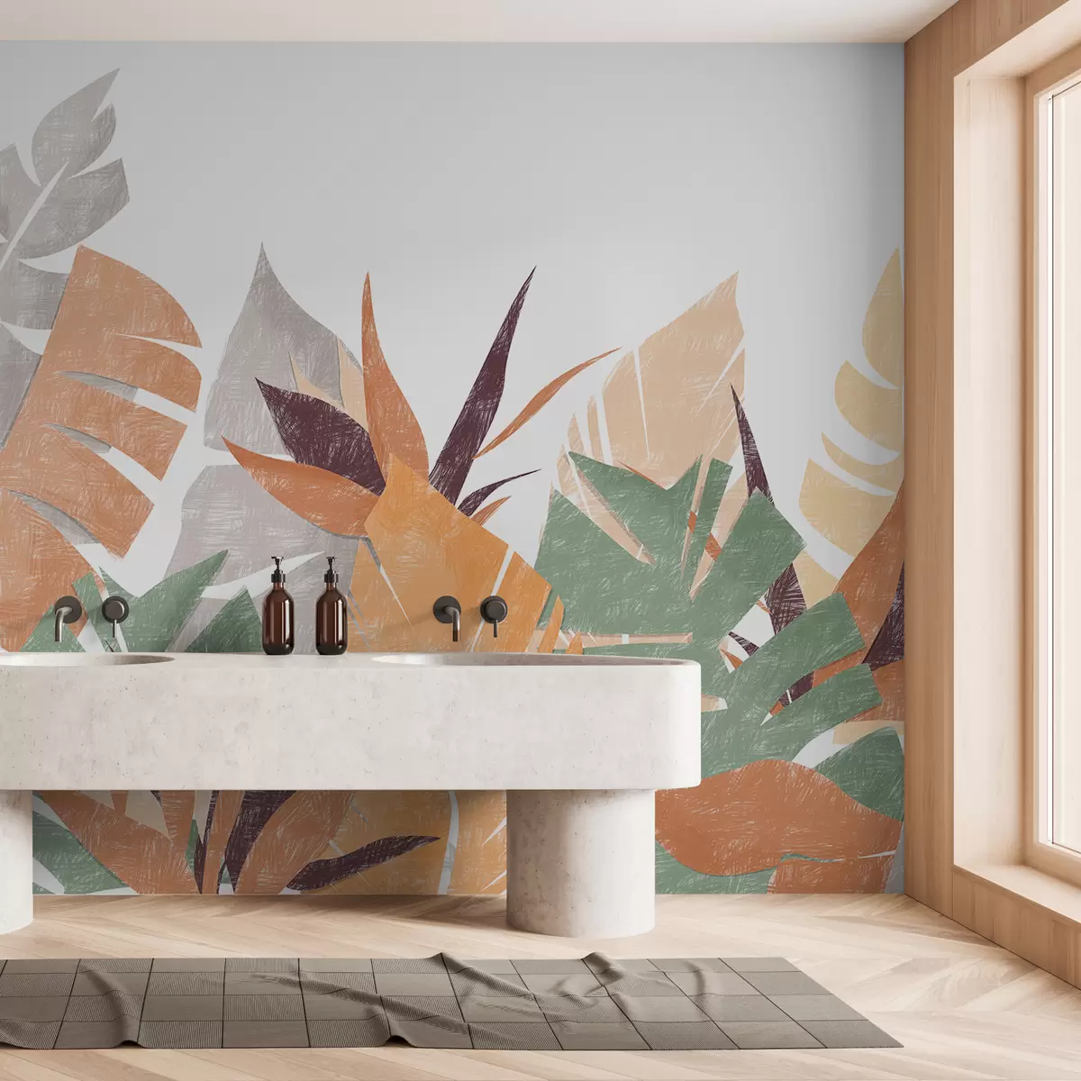 Murales de pared Hojas de palma, trópicos, lápiz de imitación de silueta de planta, flor, verde, naranja, gris, rojo púrpura, color w00790 murales de pared Hojas de palma, trópicos, lápiz de imitación de silueta de planta, flor, verde, naranja, gris, rojo púrpura, color w00790