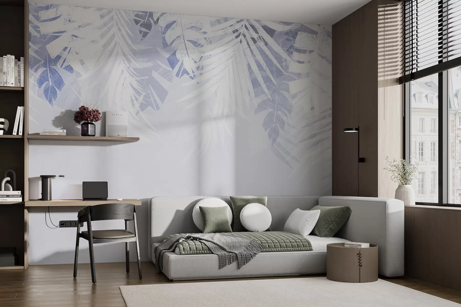 murales de pared Follaje tropical y ramitas, color blanco y azul w00793v1