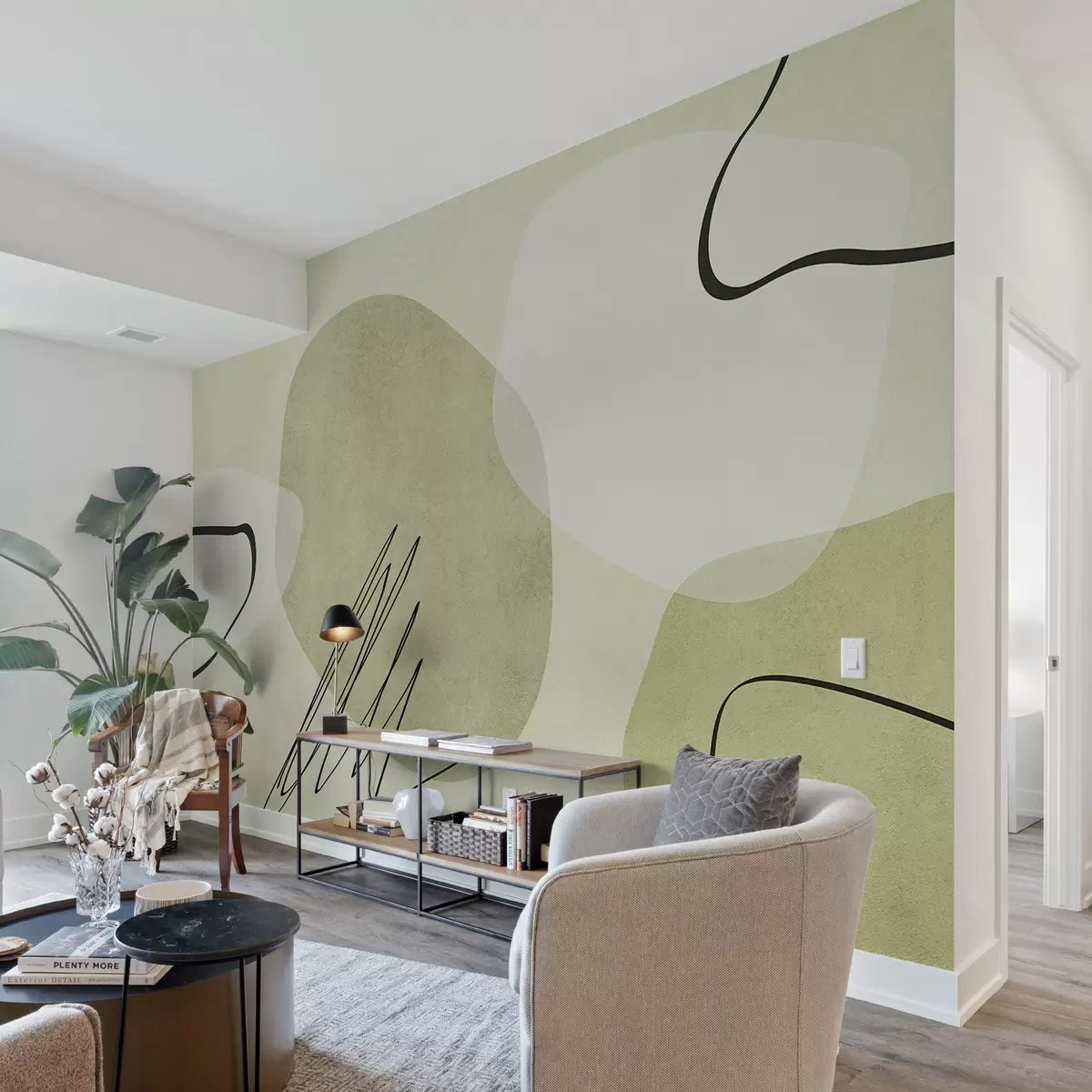 murales de pared Abstracción boho, mancha, geométrica, líneas, textura, tonos de verde. w00815v1