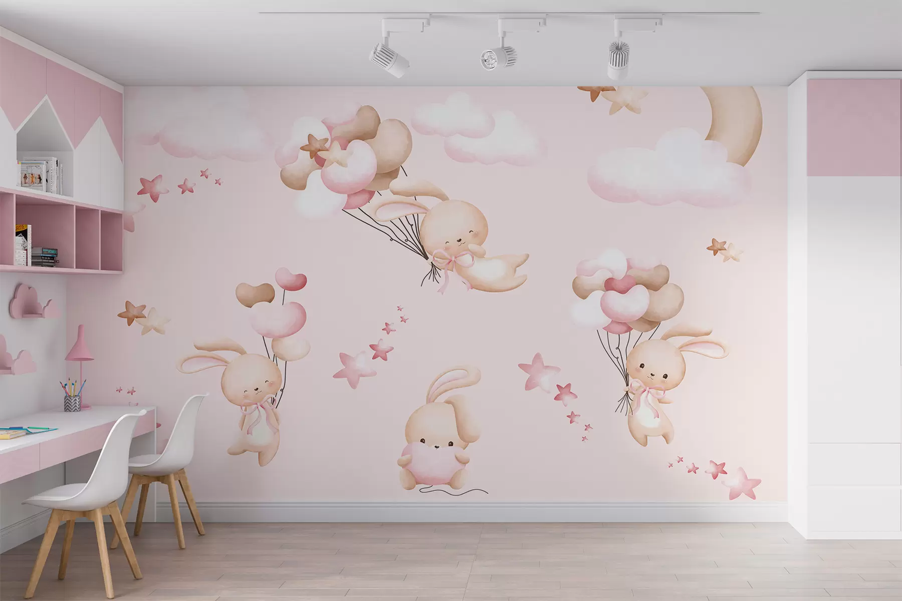 murales de pared Conejitos en las nubes sobre un fondo rosa claro w00864
