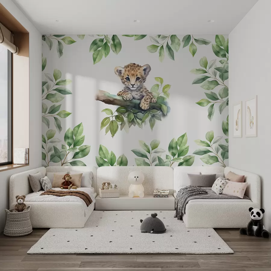 murales de pared El pequeño leopardo se sienta en una rama entre hojas de acuarela w00889